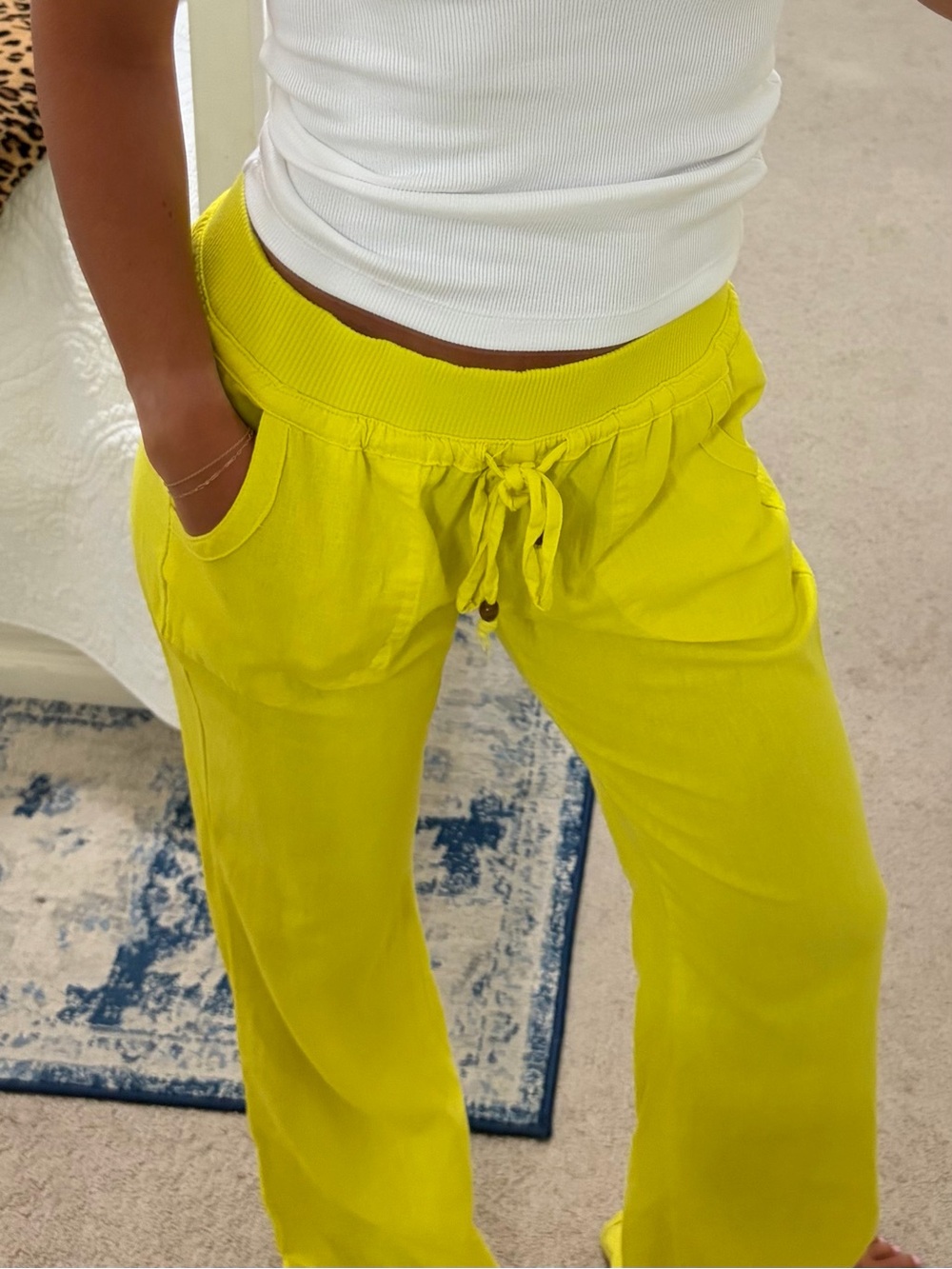 Bright Yellow Drawstring Linen Pants